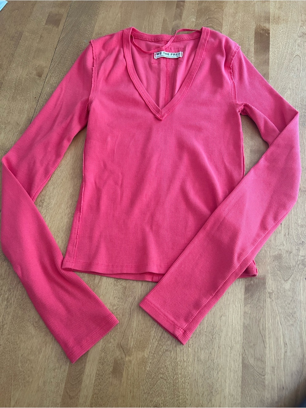 Free People We The Free Hot Pink Ribbed V-Neck Long Sleeve Top